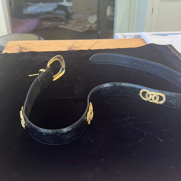 Made France Croute de Cuir Ostrich print interlocking metal gold circle design - Picture 10 of 10